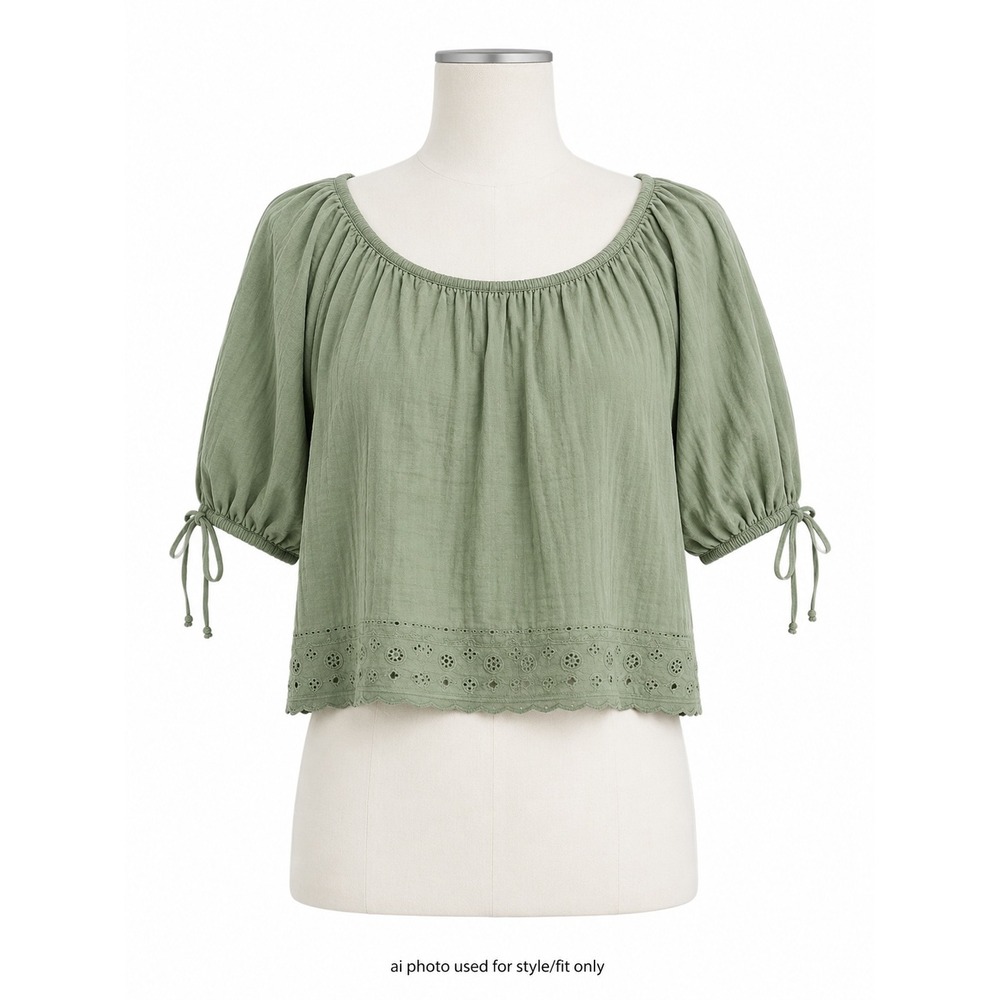 American Eagle Top Womens L Green Puff Sleeve Eyelet Hem Square Neck NWT